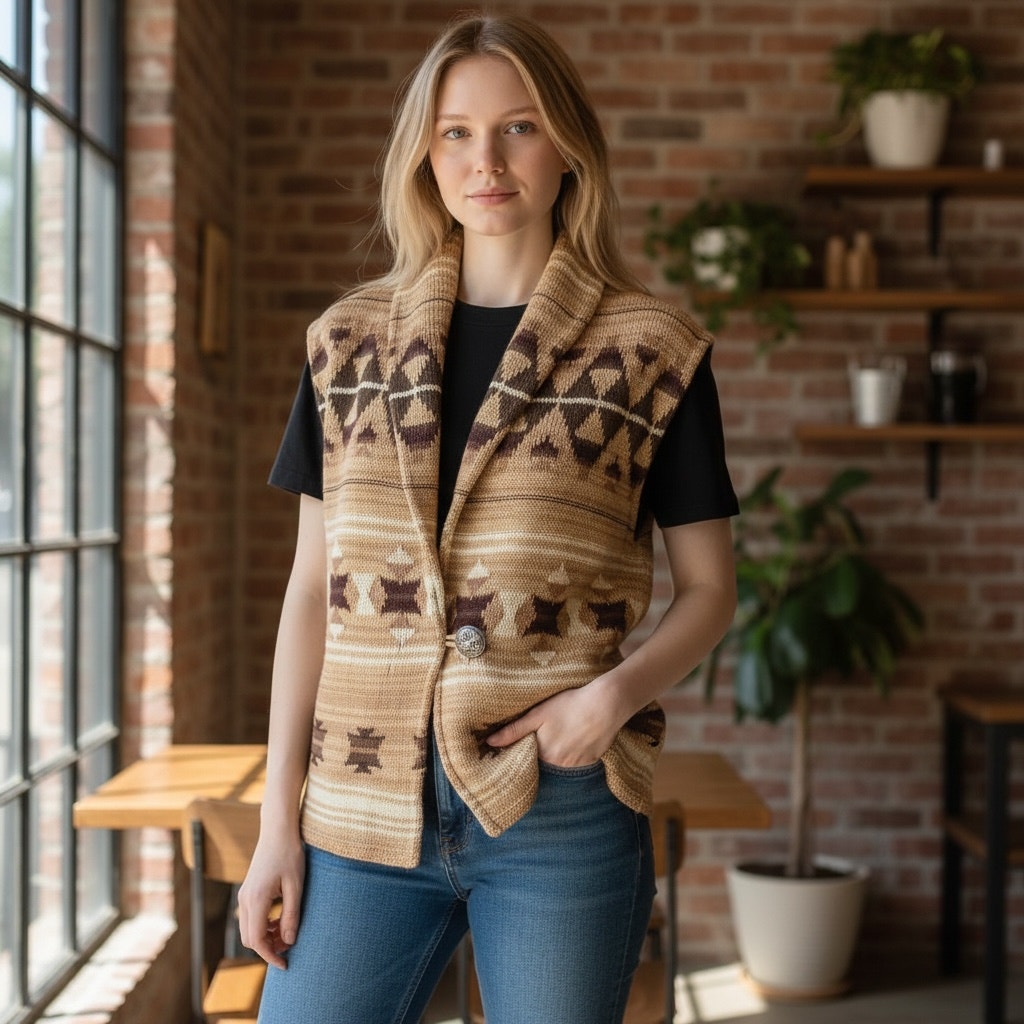 Ralph Lauren Aztec Navajo Sweater Knit Vest Size Xl Sleeveless Cottonlinen Blend